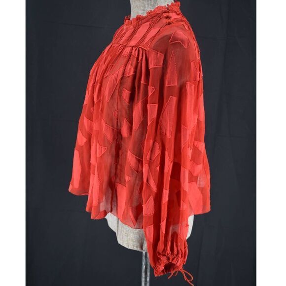 Le Fou Wilfred Sheer Ruffle Neck Geometric Red Long Sleeve Blouse- XXS - Picture 5 of 8
